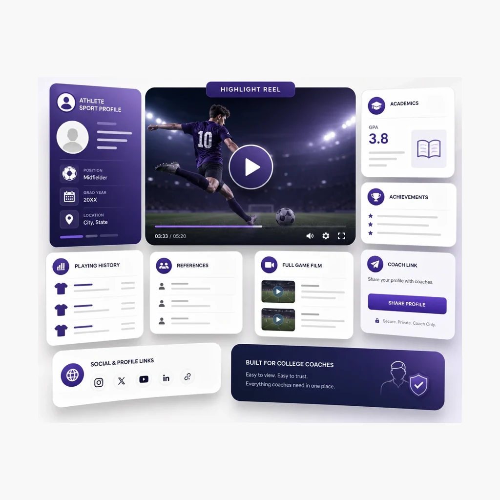 Athlete Sport Profile product image showing video, academics, achievements, playing history, references, full game film, and coach sharing in one recruiting profile